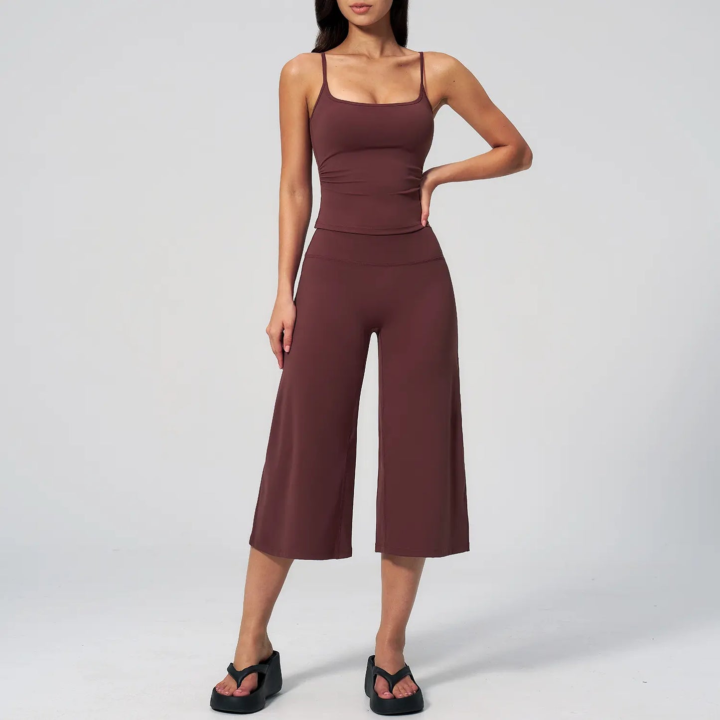 TIMEOFF Women'S 2 Piece Outfit, Square Neck Crop Cami & High Waist Wide Leg Pants Set, Soft 4-Way Stretch Fabric for Gym & Casual Loungewear, Women'S Clothes, Outfits