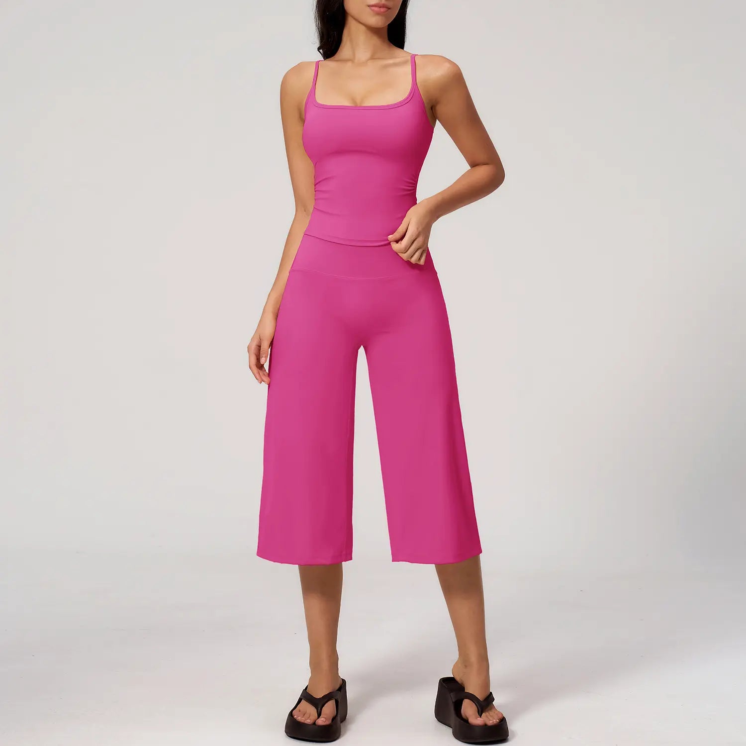 TIMEOFF Women'S 2 Piece Outfit, Square Neck Crop Cami & High Waist Wide Leg Pants Set, Soft 4-Way Stretch Fabric for Gym & Casual Loungewear, Women'S Clothes, Outfits