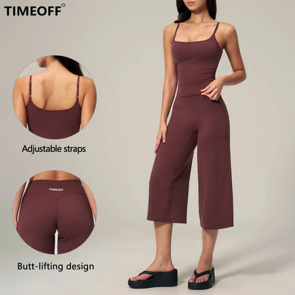 TIMEOFF Women'S 2 Piece Outfit, Square Neck Crop Cami & High Waist Wide Leg Pants Set, Soft 4-Way Stretch Fabric for Gym & Casual Loungewear, Women'S Clothes, Outfits